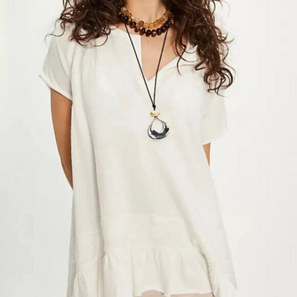 Free People Tempest Knit Tee Oversized Ruffle Hi Low Lace Ivory Dress M - Picture 1 of 7